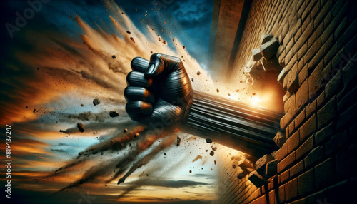 A powerful black fist breaking through a brick wall, symbolizing strength, determination, and breakthrough against a dramatic sky backdrop. © BussarinK