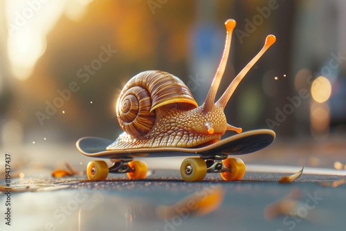 A whimsical of a snail on a skateboard, blending nature and urban elements, perfect for creative and humorous concepts.