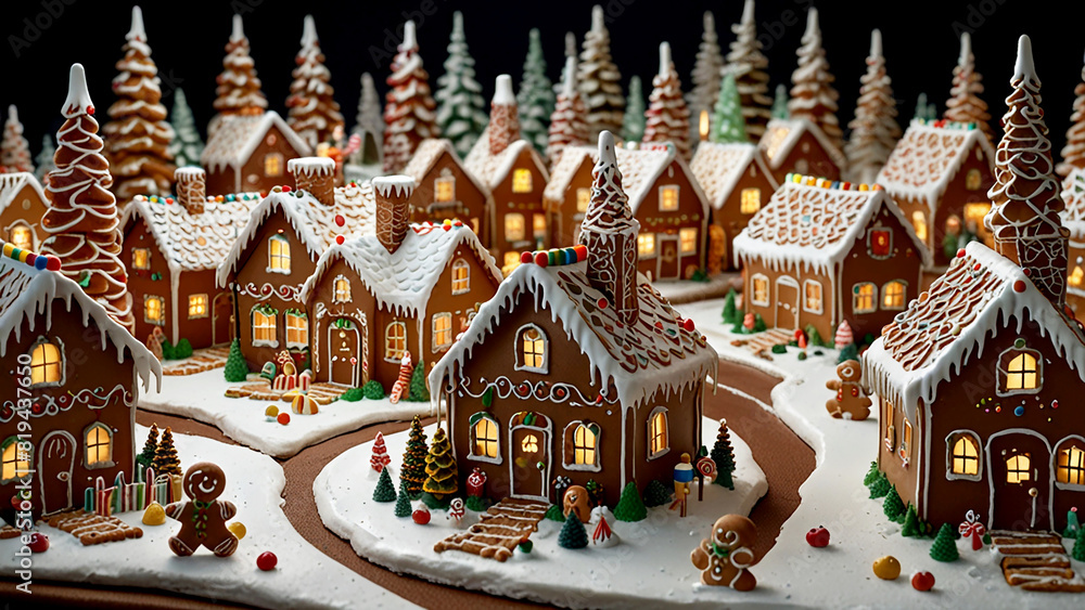 Obraz premium Gingerbread Village Bustling with Lifelike Cookie Inhabitants Imagine a cinematic shot of a bustling gingerbread village