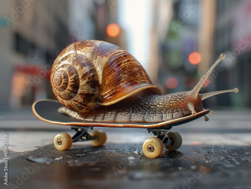 Close-up of a snail riding a skateboard in a city street, presenting a creative and whimsical concept that blends nature with urban life.