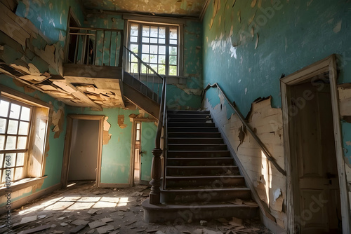 A dilapidated interior of an abandoned building shows peeling paint, debris, and a staircase leading to an upper level illuminated by natural light