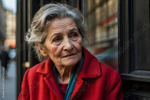 A portrait of an elderly woman wearing a red coat, with a thoughtful expression, possibly reflecting or observing