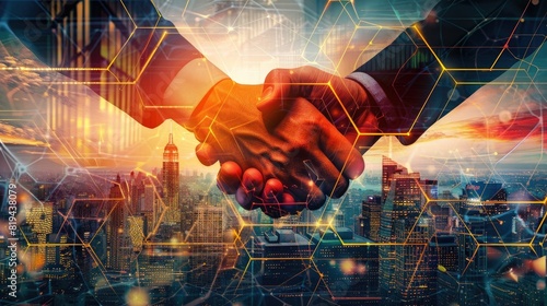 Business collage with hexagon shape, handshakes and financial elements on city background, digital technology business concept for success in the global market, stock photo.