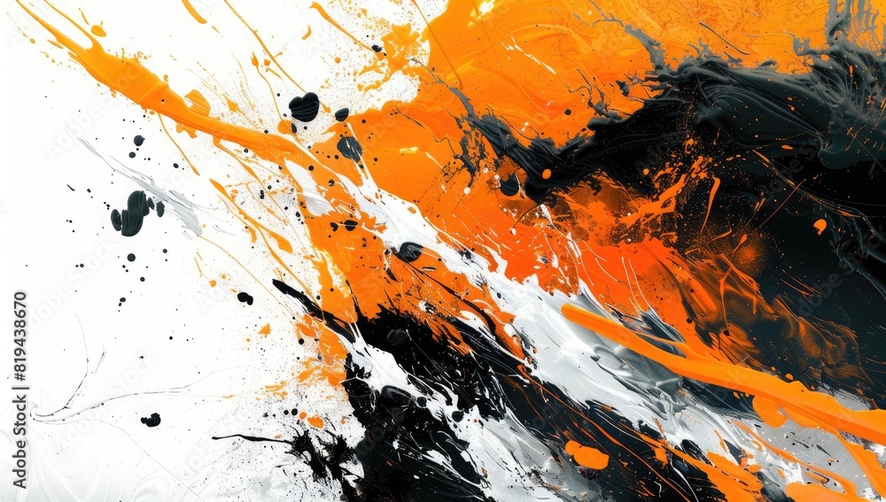 Abstract background with ink splashes, orange and black colors on a white background, in a high resolution style.