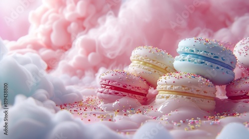 Whimsical pastel macarons with sprinkles on a fluffy cloud-like background, creating a dreamy and magical atmosphere. © BussarinK