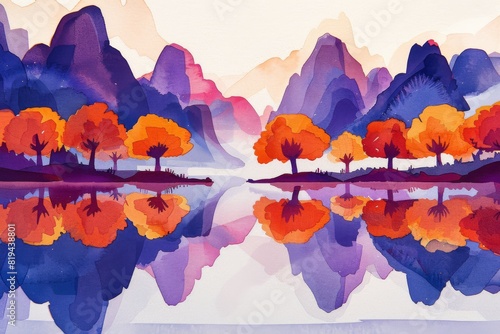 Vibrant watercolor landscape with colorful trees and mountains reflecting in a serene lake, creating a tranquil and picturesque scene.