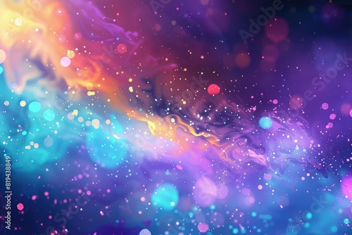 Abstract background with neon light  blurred splashes of paint and drops on the canvas. The colors purple  blue  turquoise  yellow  and orange are beautiful and bright.