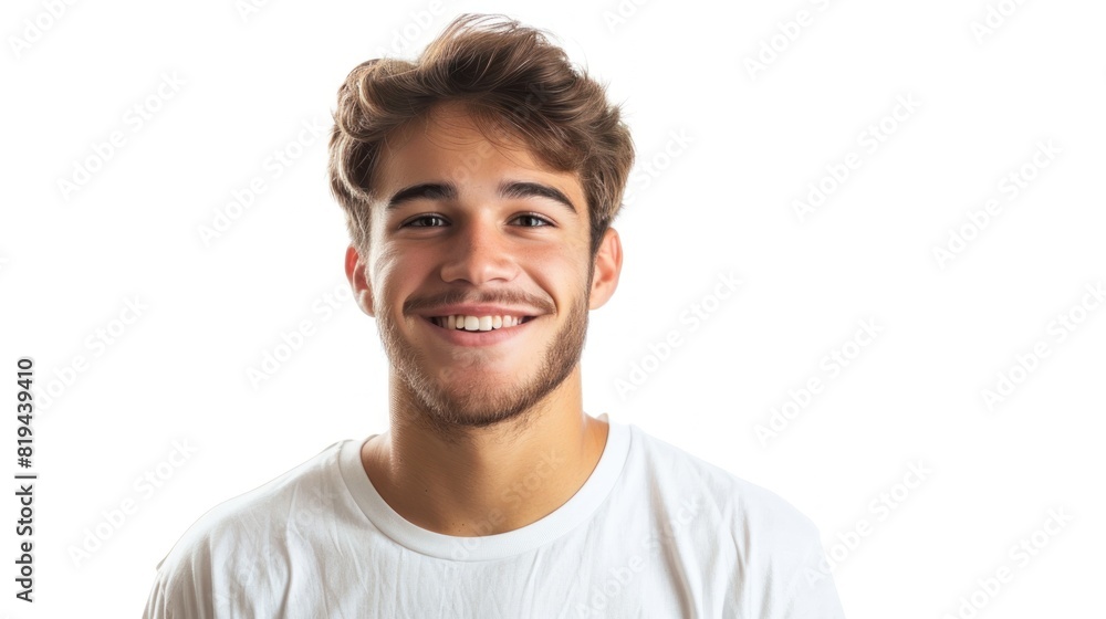 Portrait of smiling young man in a white t-shirt isolated on white background. Portrait of smiling young man in a white t-shirt isolated on white background.