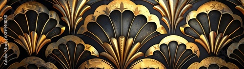 An art deco wallpaper with symmetrical patterns in gold and black, evoking the glamour of the 1920s