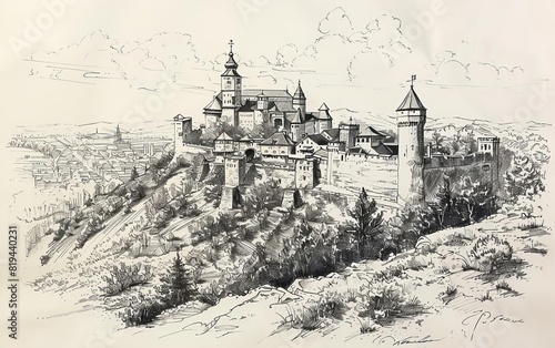 An ink drawing of a medieval castle on a hill, surrounded by a dense forest and a small village below