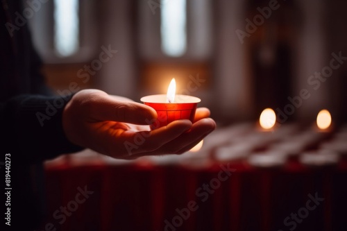 lighting up a votive candle in church photo