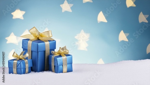 Generative AI illustration of blue gifts with golden bows and ribbons placed on blue backgro photo