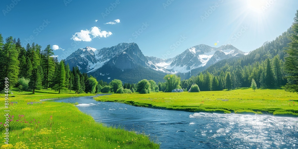 Stunning landscape with lush green meadow, pristine river, forest trees, and majestic snow-capped mountains under a bright sunny sky