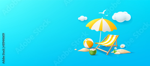 Summer holiday banner, beach umbrella, beach bed, coconut fruit, pile of sand, design on blue background, EPS 10 vector illustration
