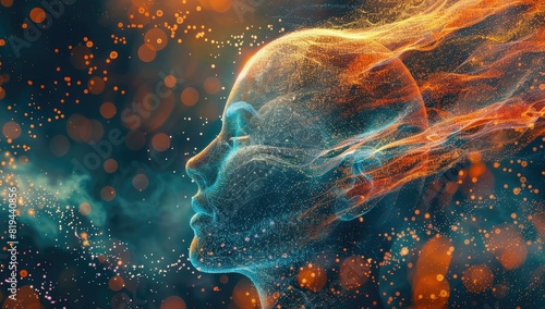 Abstract human head with glowing particles and waves, concept of artificial intelligence