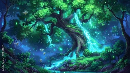 Enchanted Forest with Majestic Glowing Tree Illuminated by Mystic Light amidst a Lush  Tranquil Nighttime Fantasy Landscape