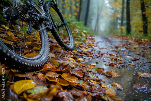 A mountain biking trail just after a light rain, with the bike leaning against a tree and trails of water droplets on the leaves.