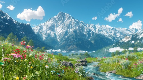 Majestic Snow-Capped Mountains with Lush Green Meadow and Flowing Stream Captured on a Clear, Sunny Day with Bright Blue Sky