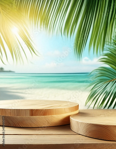 round wood podiums mock up for product display with beach scene and palm trees in background, vertical, copy space