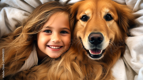 Whimsical portrait of a young cute girl posing with her adorable Golden Retriever on a fluffy blanket. AI generative. ©  