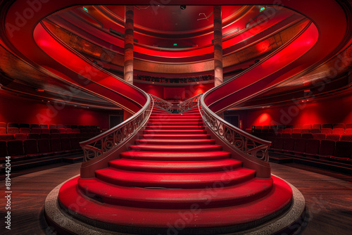 Grand bifurcated staircase in a historic theater, scarlet red, viewed from stage front. photo