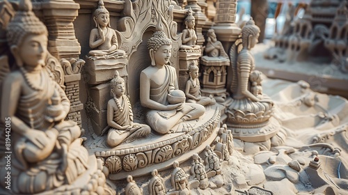 An intricate sandcastle depicting scenes from the life of Buddha, created as an offering by devoted Buddhists as part of Visakha Bucha Day celebrations