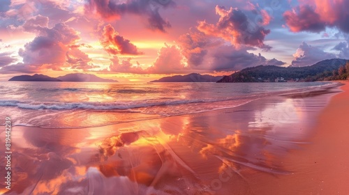Beautiful beach at sunset with pink clouds and reflection in the sand  panoramic view of Phuket island  Thailand. Wide angle lens with natural lighting.