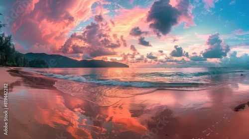 Beautiful beach at sunset with pink clouds and reflection in the sand, panoramic view of Phuket island, Thailand. Wide angle lens with natural lighting.