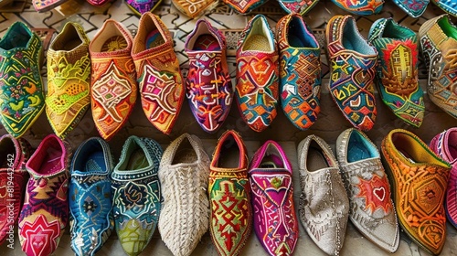 Colorful traditional Moroccan slippers for women on display in the market, top view.