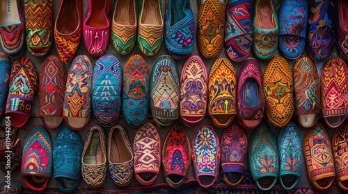 Colorful traditional Moroccan slippers in the market  top view  high resolution photography