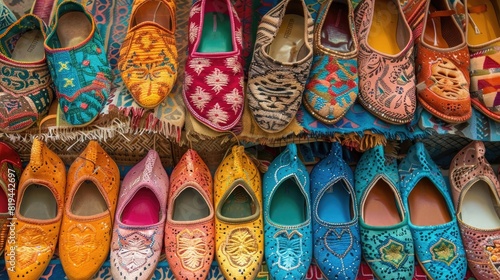 Colorful traditional Moroccan slippers for women on display in the market, top view.