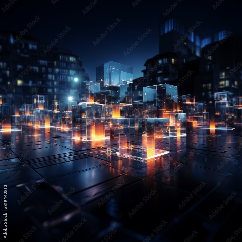 A computergenerated image depicts a city at night with glowing cubes in the foreground, showcasing urban design, buildings, cityscape, darkness, and a metropolis on the horizon