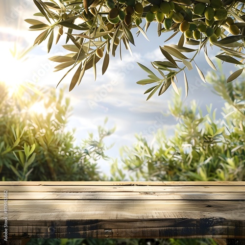 Summertime Product Placement Mockup: Olive Tree Plant Adorning a Wooden Table in a Sun-Dappled Outdoor Scene