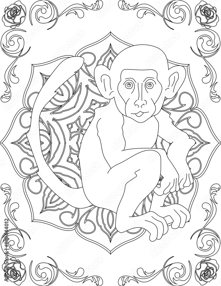 Fototapeta premium Monkey on Mandala Coloring Page. Printable Coloring Worksheet for Adults and Kids. Educational Resources for School and Preschool. Mandala Coloring for Adults