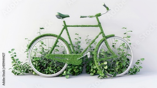 Green retro bicycle with green plants on white background, eco concept. ,3d rendering illustration, wide angle lens,