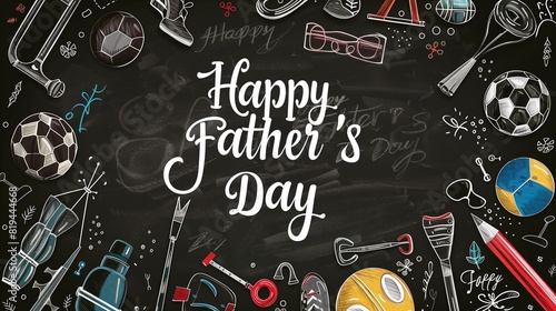 A chalkboard with "Happy Father's Day" text in the center, featuring hand-drawn sports equipment around the edges.