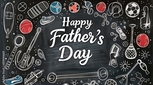 A chalkboard with  Happy Father s Day  text in the center  featuring hand-drawn sports equipment around the edges.