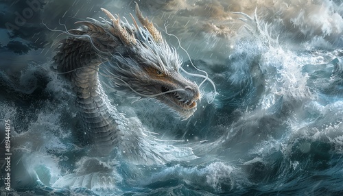 A majestic white and gold dragon emerges from the stormy sea. The dragon s scales shimmer in the sunlight  and its eyes are filled with wisdom and power. The dragon is surrounded by crashing waves