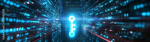 Glowing keyhole with binary code, digital identity, PNG style, High resolution, Neon blue