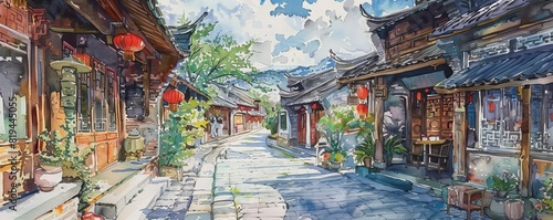 Ancient Alleyway Strolls Capture the charm of wandering through the narrow, cobblestone alleyways of Lijiang Old Town with images of visitors exploring traditional Naxi architecture, intricate wood ca photo