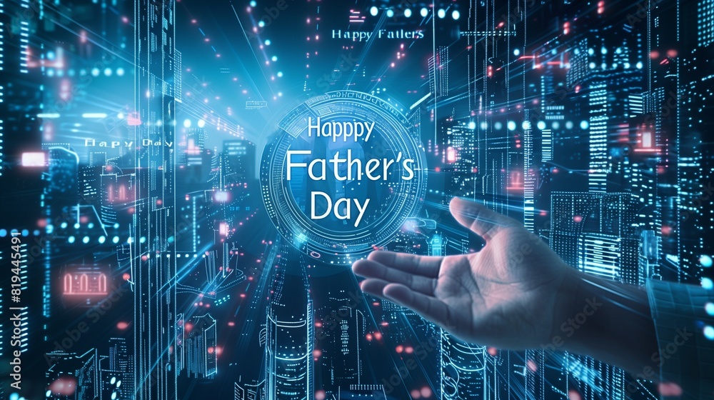 A futuristic cityscape backdrop with a hand of a human and child holding, A futuristic cityscape backdrop with a hand of a human and child holding,