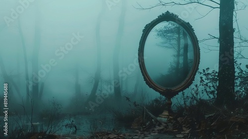 Capture the eerie beauty of a mirror world shrouded in mist and mystery photo