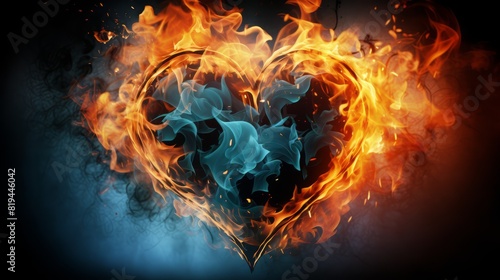 A heart symbol is depicted in the center of the image  enveloped by swirling flames and smoke against a dark backdrop