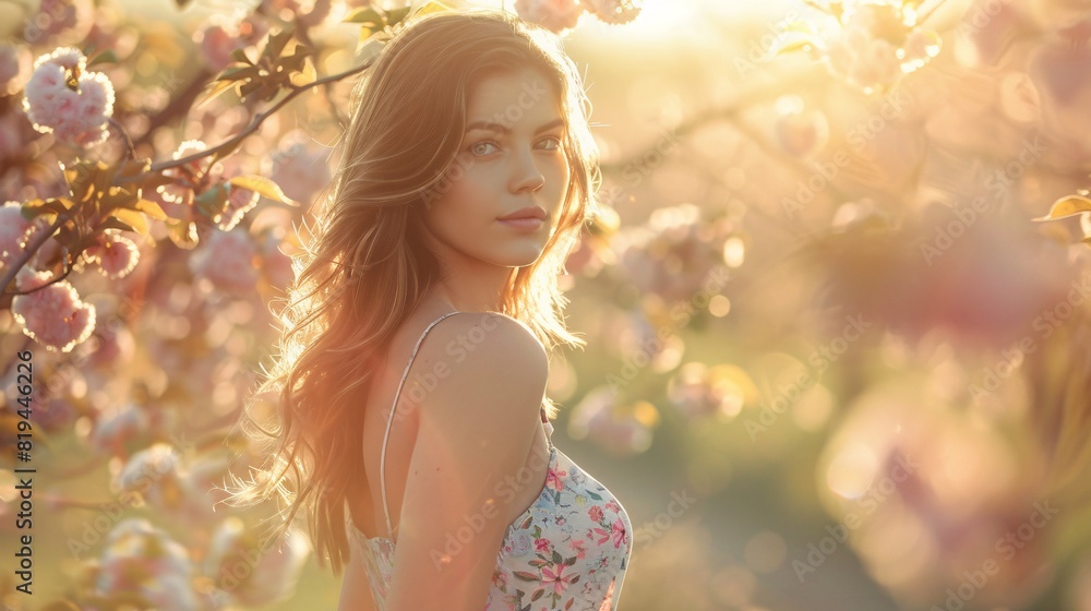 Beautiful young woman in spring blooming garden. Springtime.