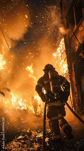 Firefighter in protective gear battling a blaze in a burning building