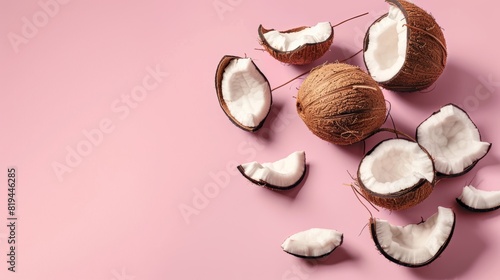 Coconuts, a photorealistic illustration against pastel pink background with copy space for text or logo, beautifully illuminated by studio lighting, flat lighting photo