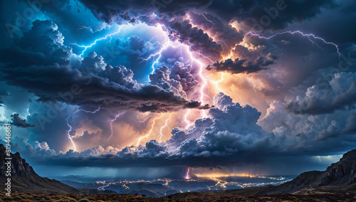 Dramatic storm clouds, intense lightning, and a breathtaking landscape create a captivating and awe-inspiring scene in this stunning image. 8k © Rogue Resolution