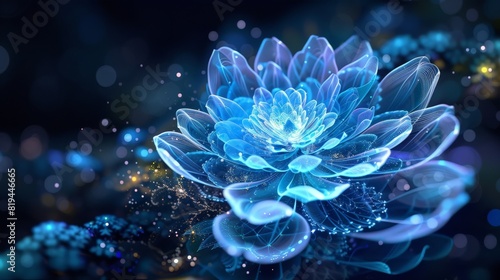 Amidst the digital expanse, a celestial dance unfoldsa blue glowing flower fractal emerges, its petals adorned with luminescent hues. photo