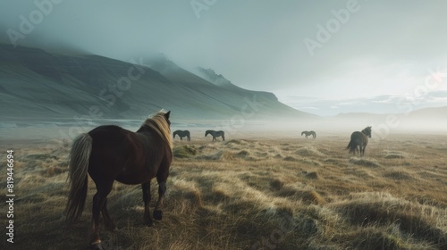 Horse in Iceland. Wild horses in a group. Horses on the Westfjord in Iceland. Composition with wild animals.