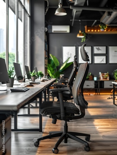 Modern ergonomic office setup with adjustable desks, supportive chairs, and minimalistic decor